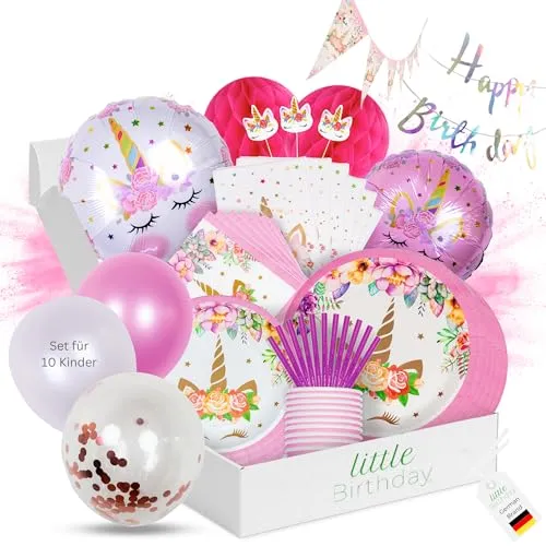 LITTLE BIRTHDAY | Einhorn Partygeschirr Paket Set Kindergeburtstag | Party Deko| Geburtstag 10 Personen | Pappteller| Pappbecher| Servietten| Luftballons | Topper | Einladungskarten | Tütchen | alles