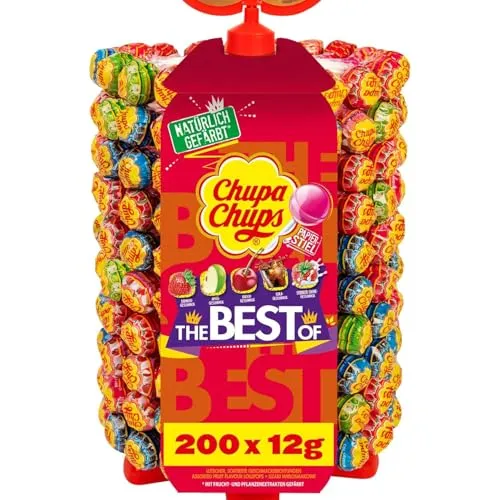 Chupa Chups Lutscher-Rad mit 200 Lollis - Lollies Aufsteller mit 5 Geschmacksrichtungen: Erdbeere, Kirsche, Apfel, Cola und Erdbeer-Sahne – perfekt für Kioske, Büros und Geburtstagsfeiern!