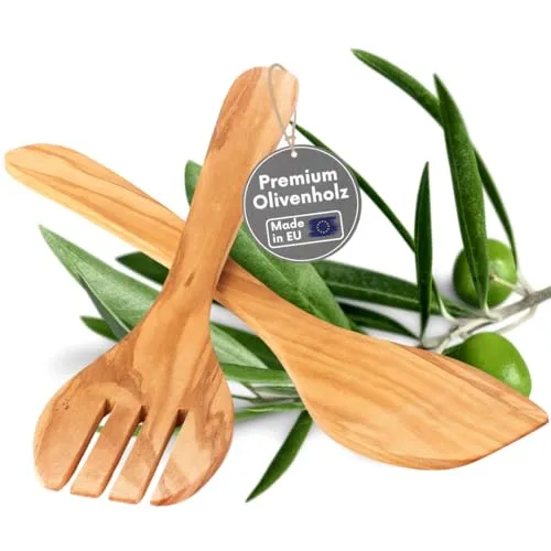TOPANBIETER 999 Premium Salatbesteck Set Olivenholz 30 cm, Made in EU, Servierbesteck Olive, hochwertige Küchenhelfer aus Holz Pfeffermühle (Salatbesteck 2tlg.)