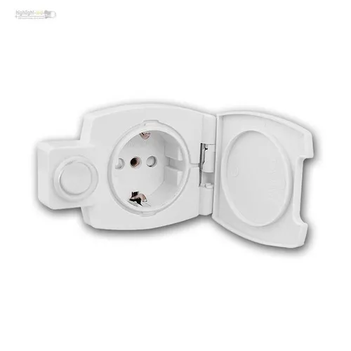 Möbel-Einbau-Steckdose mit Schalter & IP44 Klappe - Badezimmersteckdose in Weiß mit Wippenschalter und IP44 Klappe für optimalen Spritzwasserschutz, ideal für den Einsatz in Feuchträumen.