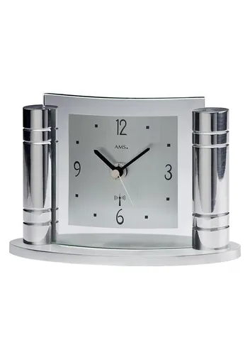 AMS Funktischuhr 5130 - Elegante silberfarbene Tischuhr für Wohnzimmer und Esszimmer, mit präzisem Funkantrieb und analoger Anzeige für zeitlose Eleganz.