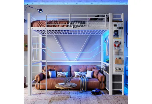 BlingBin Hochbett (1-St., Multifunktionales Metallbett mit 4 Schubladen, Regalen, Hängestange) LED-Beleuchtung, Steckdose und USB-C, 90×200CM für das Schlafzimmer