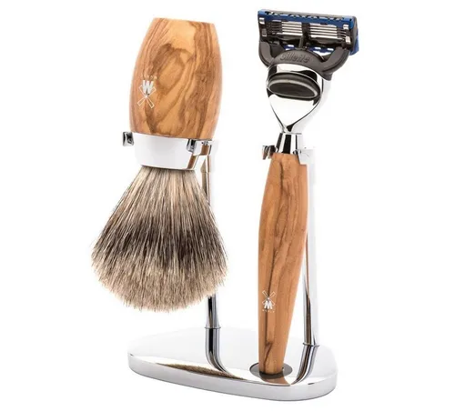 MÜHLE Rasierset, 3-tlg. aus Olivenholz - Hochwertiges 3-teiliges Rasier-Set mit Griffen aus edlem Olivenholz und Gillette® Fusion™ Rasierkopf für eine sanfte und gründliche Rasur.