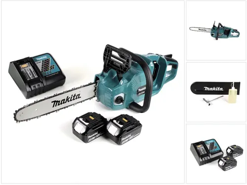 Makita DUC 355 RM2 Akku Kettensäge 36V - Sägen: Leistungsstarke 36V (2x18V) Brushless Kettensäge mit 35 cm Schwert, inklusive 2x 4,0 Ah Akkus und Ladegerät für kabellosen Einsatz und hohe Effizienz.