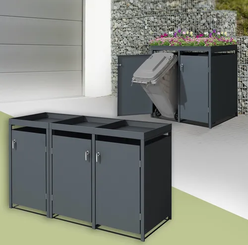 ML-DESIGN Mülltonnenbox aus Stahl, wetterfest und erweiterbar - Mülltonnenbox aus robustem Stahl, ideal für 3 Mülltonnen à 240 l. Schützt vor Tieren und sorgt für Ordnung im Garten. Mit integriertem Pflanzdach für mehr Ästhetik!