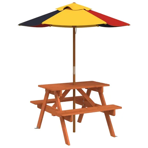 Picknicktisch für Kinder mit Sonnenschirm aus massivem Tannenholz - Der ideale Picknicktisch für 4 Kinder bietet einen einladenden Platz im Garten oder auf der Terrasse. Mit stabilem Design und schützendem Sonnenschirm aus strapazierfähigem Material für unbeschwerte Spielstunden.