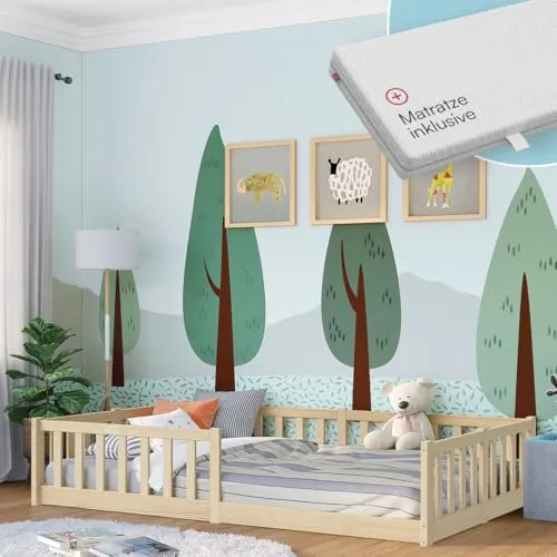 Bellabino Vere Bodenbett 120x200 cm – Montessori Kinderbett mit Matratze & Rausfallschutz - Kleinkindbett aus Kiefernholz, ideal für Jungen und Mädchen. Mit umlaufendem Rausfallschutz und stabilem Lattenrost – perfekt für einen sicheren und gemütlichen Schlaf.
