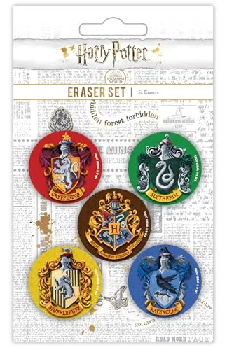 Harry Potter Radiergummi-Set 5 Stück (Hogwarts-Wappen-Design), Hogwarts-Häuser-förmige Radiergummis, Harry Potter-Schulbedarf, Gryffindor, Slytherin, Ravenclaw, Hufflepuff – offizielles Merchandise