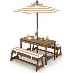 COSTWAY Kinder Picknicktisch mit Bänke, Kissen & Sonnenschirm - Gartenmöbel-Set für Kinder, aus robustem Tannenholz mit höhenverstellbarem Sonnenschirm für optimalen Sonnenschutz und bequemen Sitzkomfort.