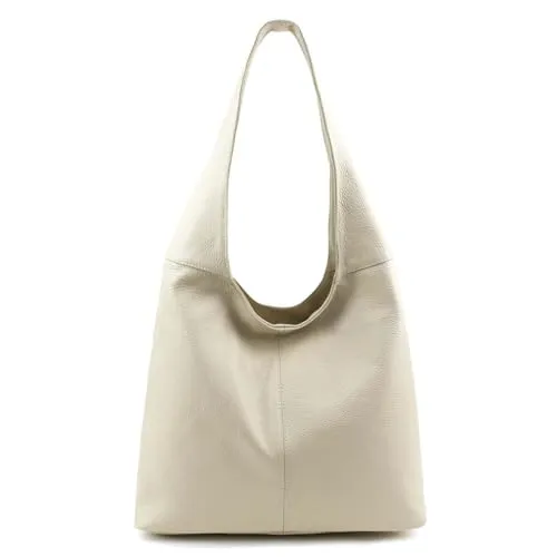 Made in Italy Damen Leder Tasche Shopper Schultertasche Umhängetasche Handtasche Beuteltasche Hobo Bag Ledertasche Beige