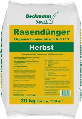 Rasendünger Herbst Beckmann NPK-6+3+13 für ca. 500m² - Garten- & Gewächshaus-Zubehör, ideal für die Wintervorbereitung deines Rasens mit hohem Kaliumgehalt für Frostschutz und gesunde Zellwände.