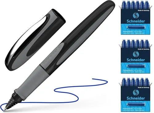 Schneider 187807 Ray Tintenroller (Nachfüllbar mit Standard Tintenpatronen, geeignet für Rechts- und Linkshänder) (Roller inkl. 18 Patronen, onyx)