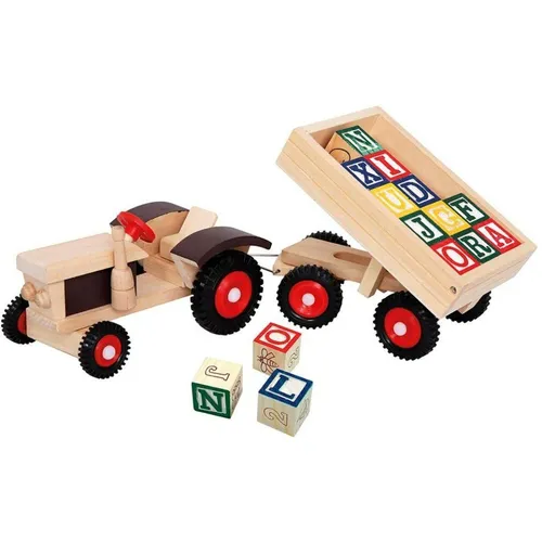 Bino & Mertens 82077 Traktor mit ABC-Anhänger - Traktoren-Spielzeug für Kinder ab 3 Jahre, fördert spielerisch die Motorik und das Lernen von Zahlen und Buchstaben mit 17 Holzspielzeug-Teilen.