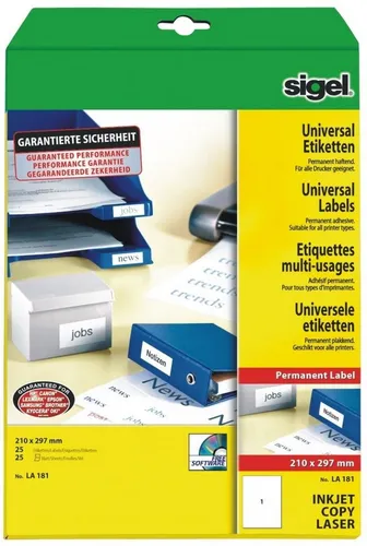 Sigel Etiketten Etiketten Inkjet/Laser Kopier 210x297mm VE=25 Stück (25 Blatt) weiß