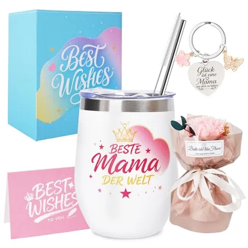 Putfoka Personalisiert Muttertagsgeschenk für Mama, Geburtstagsgeschenk Weihnachtsgeschenke Geschenke für Mama, 12Oz Isolierbecher mit Strohhalm Geschenke für Frauen Tasse Schlüsselanhänger Grußkarte
