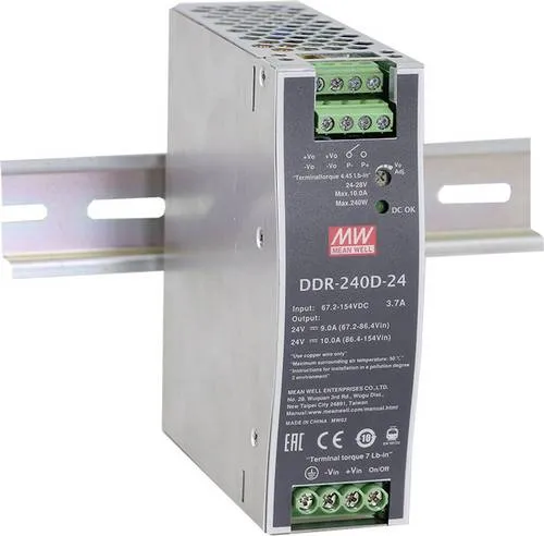 MW Mean Well DDR-240C-24 Hutschienen-DC/DC-Wandler - Hochwertiger DC/DC-Wandler für Hutschienen, 24 V/DC, 10A, 240W, ideal für industrielle Anwendungen und effiziente Stromversorgung.