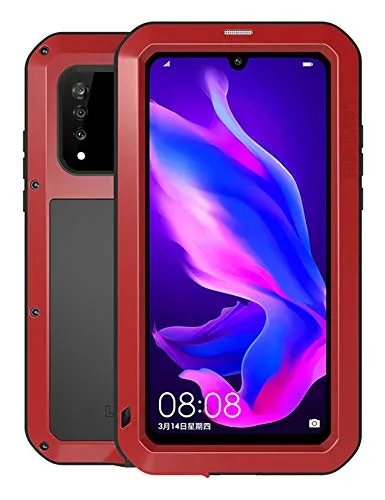 FONREST Ganzkörper Hülle für Huawei P30 Lite, Love MEI 6,15-Zoll Schwerlast Hybride Aluminium Metall Stoßfest Schneesicher Staubdicht Case mit Hartglas, Unterstützt Wireless Charging (Rot)