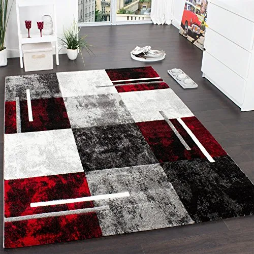 Paco Home Designer Teppich Modern mit Konturenschnitt Karo Muster Grau Schwarz Rot, Grösse:60x110 cm