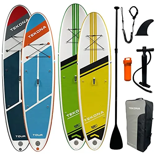 TEKONA Stand Up Paddling Board Set – Aufblasbares SUP Board mit 3 Finnen - Aufblasbares SUP Board, ideal für Anfänger und Fortgeschrittene, vielseitig als Kajak nutzbar, stabil mit 15cm Dicke und 120kg Traglast, inklusive Rucksack und Doppelhubpumpe.