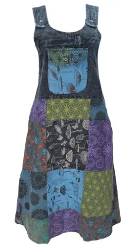 GURU SHOP Boho Latzrock, Patchwork Trägerkleid - Blau, Damen, Size:L - Bequemes Boho-Latzkleid mit individuellen Stoffstücken und verstellbaren Trägern. Ideal für jede Jahreszeit, vielseitig kombinierbar und mit praktischen Taschen ausgestattet.