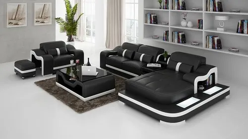Ecksofa Set L-Form mit Sessel – Modernes Lederdesign - Geräumige Wohnlandschaft für mehr als 6 Personen, stilvolles Design in Schwarz mit praktischer Ablage und Hocker. Ideal für Wohnzimmer oder Arbeitszimmer.