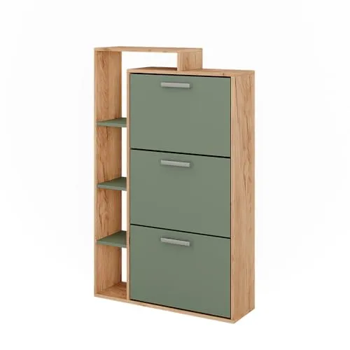 Vicco Schuhkipper Orlando, Goldkraft Eiche/Grün, 80 x 128.3 cm - Schuhkipper mit modernem Design und 3 Fächern, ideal für platzsparende Aufbewahrung in Flur oder Diele.