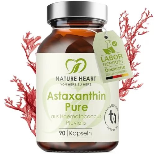 Produktbild Nature Heart Astaxanthin Pure 90 Kapseln – Aus Haematococcus Pluvialis – Mit Vitamin E – Vegan – In Kokosöl – Hochrein & ohne Zusatzstoffe