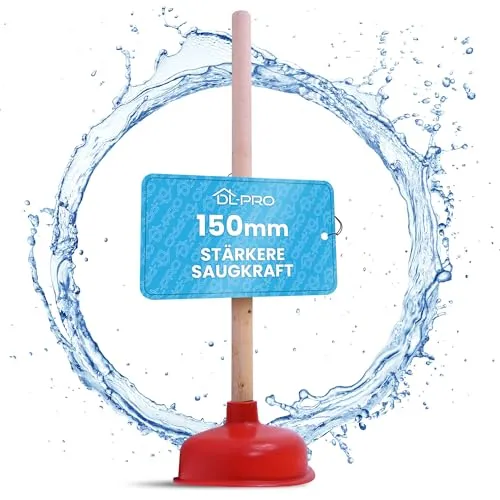 DL-pro Pümpel Abflussreiniger Saugglocke 150mm Ø Holz für Toilette Bad Küche Dusche Umweltfreundlich Ergonomischer Griff Braun/Rot