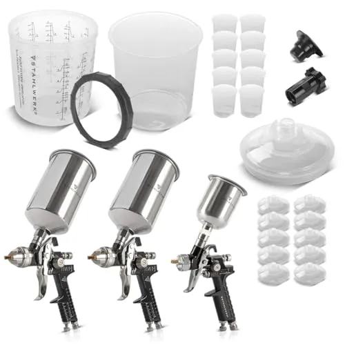 STAHLWERK HVLP-Lackierpistolen-Set 3-teilig mit 25 Mischbechern - Professionelles 21-teiliges Set für exakte Lackierungen mit modernster HVLP-Technologie. Ideal für verschiedene Lacktypen, garantiert hohe Materialeffizienz und saubere Ergebnisse.