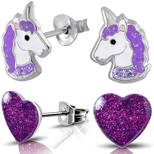 Kinder Mädchen Set Ohrringe echt 925 Sterling Silber Edelstahl Einhorn Pferde Herz lila (K757+K296)