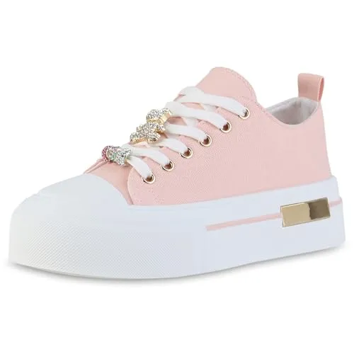 VAN HILL Damen Plateau Sneaker Plateau Strass Trendy Schuhe 217363 Rosa 39