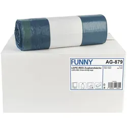 Funny Müllsäcke AG-879, 120 Liter, stark mit Zugband - Müllsäcke in Blau, reißfest und elastisch, ideal für hohe Tragfähigkeit. Umweltfreundlich und recycelbar – perfekt für den nachhaltigen Einsatz.