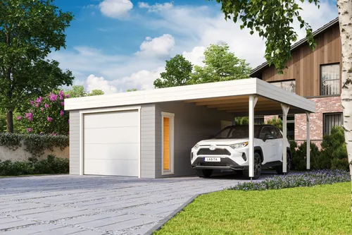 Garage Pultdach 44 mm Bahamas mit Sektionaltor grau 680x560 cm - Gartenhäuser & Carports: Robuste Garage mit 44 mm Wandstärke, abschließbarem Sektionaltor und geräumiger Nutzfläche von 34.59 m², ideal für Autos und Geräte.