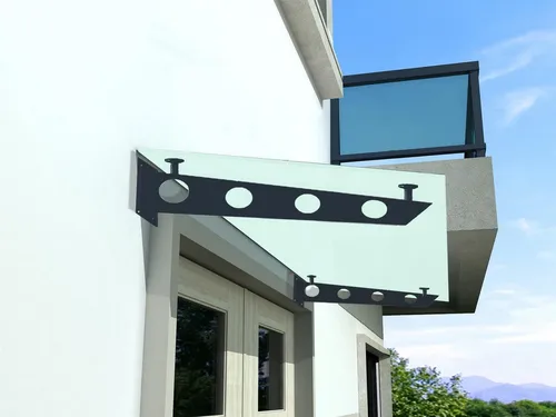 BuyLando.Shop – FRS-7016 Glasvordach 120x90cm Milchglas - Elegantes Glasvordach aus gehärtetem Milchglas, ideal für den Hauseingang. Modernes Design mit anthrazitfarbenem Rahmen, einfach zu montieren und robust.