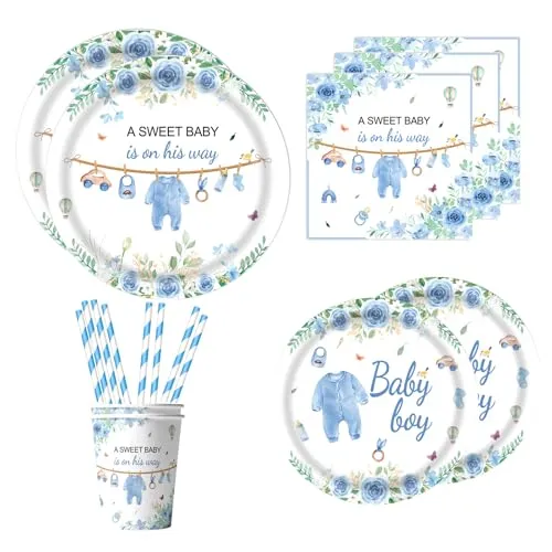 ASSUGO Babyparty deko Junge partygeschirr Set,60 stüke its a Boy deko pappgeschirr Set, Enthält servietten babyparty pappteller blau,Beche,Strohhalme,für Jahrestag, Babyparty,Kindertaufen