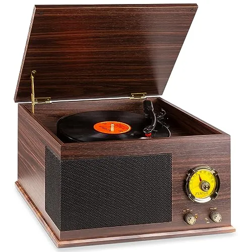 Fenton RP173 Retro Plattenspieler Bluetooth, Schallplattenspieler, Record Player mit FM Radio, eingebauten Lautsprechern, Vinyl zu MP3 konvertieren, USB Vinyl Plattenspieler, Braun