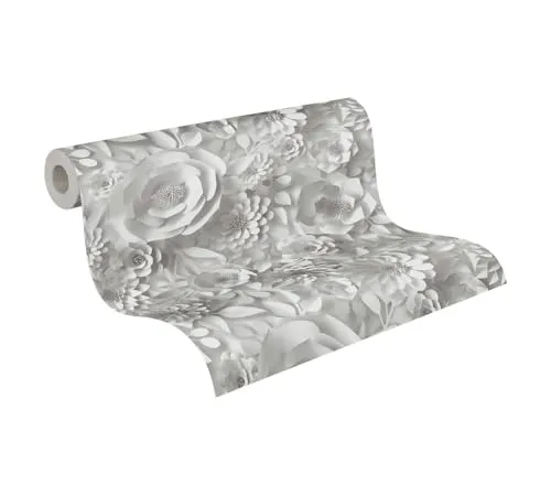 A.S. Création Blumentapete 3D Optik Weiß Grau PintWalls 387181 Vliestapete 3D Effekt Floral 10,05x0,53m Made in Germany