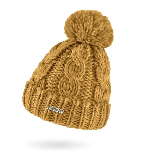 Neverless® Damen Mütze Grobstrick Strick-Bommel Pudelmütze Zopfstrickmuster Wintermütze Umschlag Senfgelb Unisize