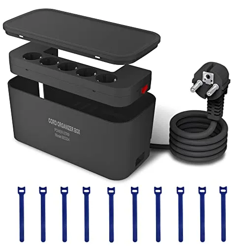 Kabelbox mit Steckdosenleiste USB Überspannungsschutz, Mehrfachsteckdose 5Fach mit 3USB Ladeanschlüsse, Kabel Organizer Box Steckdosenadapter (2500W) mit 2M Kabel, 29.5 * 14 * 14CM, Schwarz