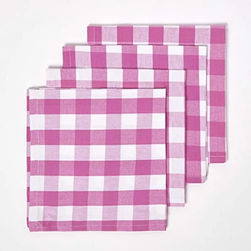 HOMESCAPES 4er-Set Karierte Stoffservietten pink-weiß 45x45 cm, Servietten Vichy-Karo, Tischservietten aus 100% Baumwolle