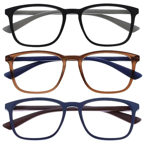 OPULIZE Max Lesebrille 3er Pack - Klassische große rechteckige Fassung - Brillen in mattem Schwarz, Braun und Blau - Herren Damen Unisex - RRR78-123 - +1,50