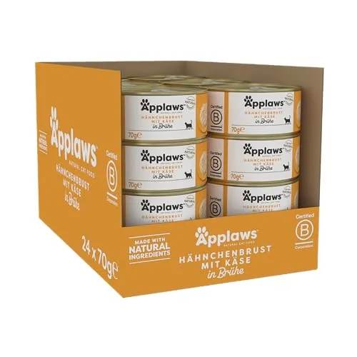 Applaws 100% natürliches Premium-Nassfutter für Katzen, Hühnerbrust mit Käse in Brühe - 70g Dose