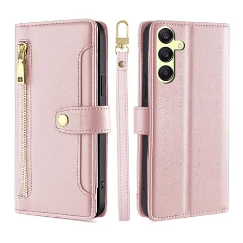 Handykette Hülle Kompatibel mit Samsung Galaxy A25 | Leder Handyhülle mit Kartenfächern | Frauen Brieftasche Klapphülle zum Umhängen | Rosa