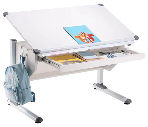 Caro-Möbel Kinderschreibtisch PHILIPP - Höhenverstellbarer und neigbarer Kinderschreibtisch mit 1 Schublade, ideal für ergonomisches Lernen und Spielen, in elegantem Weiß.