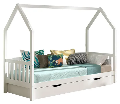 Hausbett Kandace 90x200 cm – Kiefer massiv weiß mit Dach und Schublade - Modernes Hausbett mit Dachaufbau und praktischer Schublade. Ideal für Kinderzimmer. Hochwertige Verarbeitung aus massiver Kiefer und pflegeleichter Oberfläche.