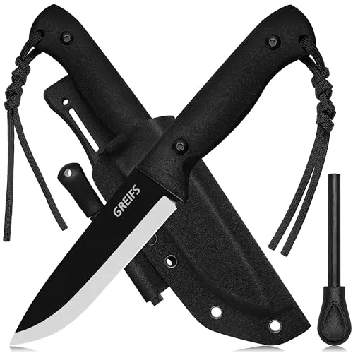 GREIFS® Outdoor-Messer aus D2 Stahl mit Kydex Holster und Feuerstahl, edles Survival Messer für die Bushcraft Ausrüstung, Jagdmesser, Schnitzmesser, Fahrtenmesser (BushMaster/Schwarz)