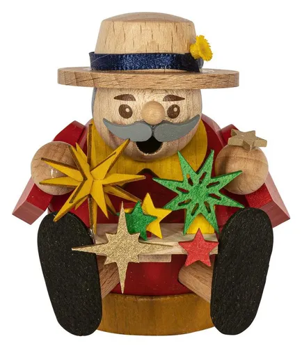 Glässer Volkskunst 'Minikugelrauchmann Sterneverkäufer sitzend' 7cm - Christbaum- & Feiertagsschmuck, handgefertigte Figur aus traditioneller Volkskunst, ideal für eine festliche Weihnachtsdekoration.