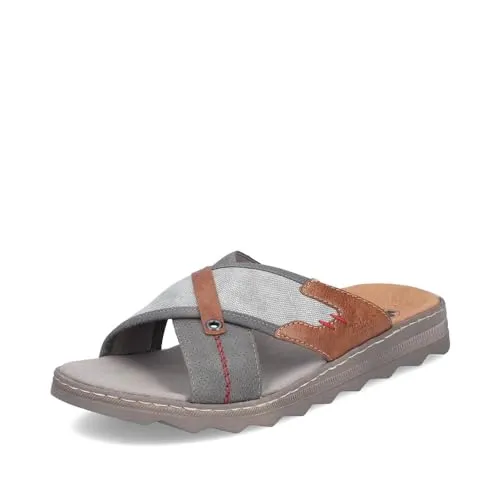 Rieker Herren Pantolette 21695 – Mehrfarbig, Größe 44 EU, Grau - Pantoletten für Herren mit gekreuzten Riemen im modischen Design. Die flexible RIRICON-Sohle sorgt für besten Gehkomfort und ist ideal für warme Sommertage.