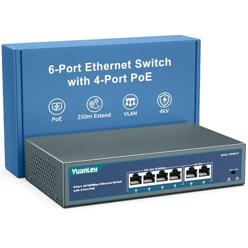 YuanLey 4-Port-PoE-Switch mit 2 Ethernet-Uplinks, 4 PoE+ 100Mbps-Ports, 78W 802.3af/at, Erweiterungsfunktion, One-Key-VLAN, Metallgehäuse, Desktop- & Wandmontage, Unmanaged, Plug-and-Play