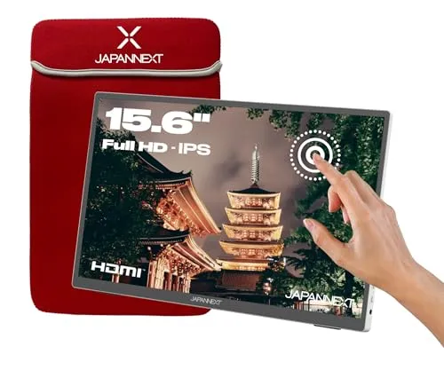 JapanNext Tragbarer Touchscreen Monitor 15.6 Zoll | Full HD | HDR - Monitore mit 15,6 Zoll Full HD Touchscreen, ideal für mobile Anwendungen mit IPS-Panel und HDR für lebendige Farben und hohe Kontraste. Inklusive Schutzhülle für optimalen Transport.